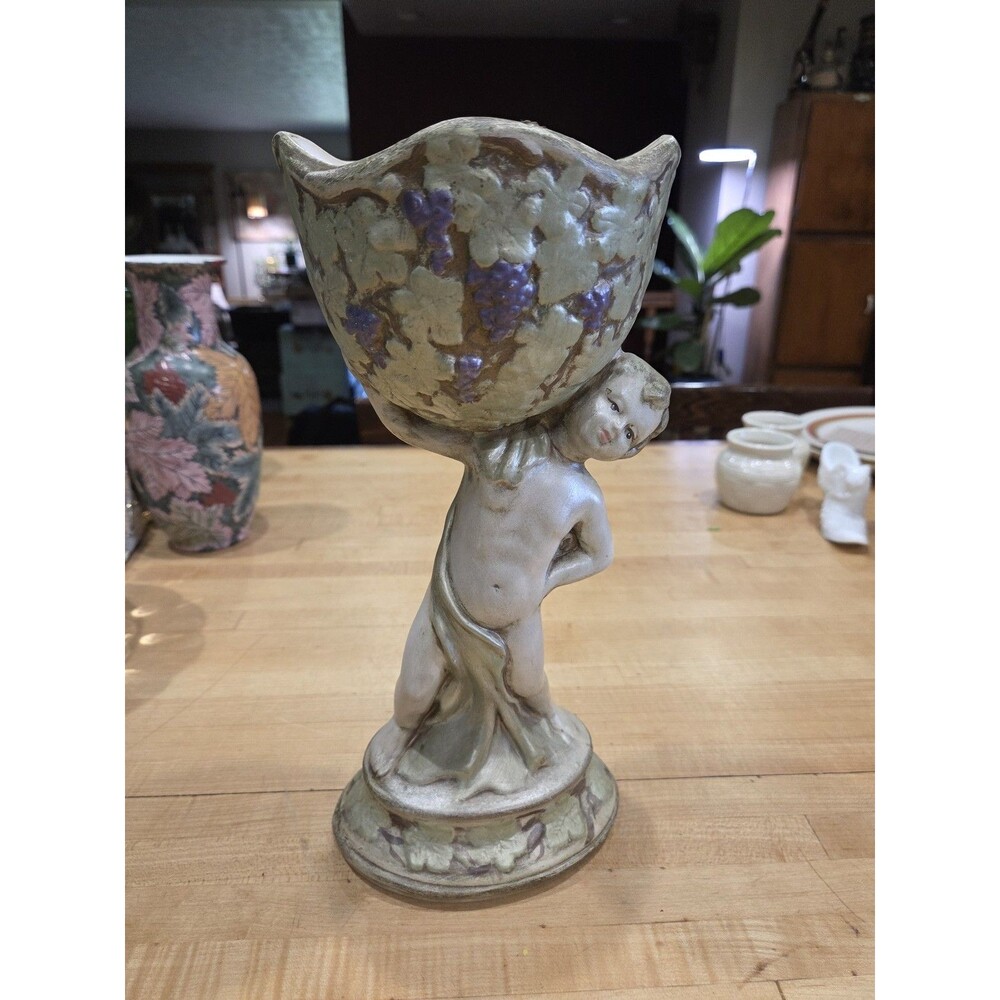 Vintage Texas Ware Ceramic Putty Cherub Grape Pedestal Urn Planter